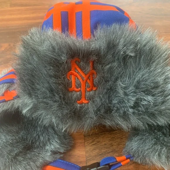 NY New York Mets MLB Baseball JustWorks Lumberjack Winter Fur Trapper Hat Cap - Picture 2 of 6